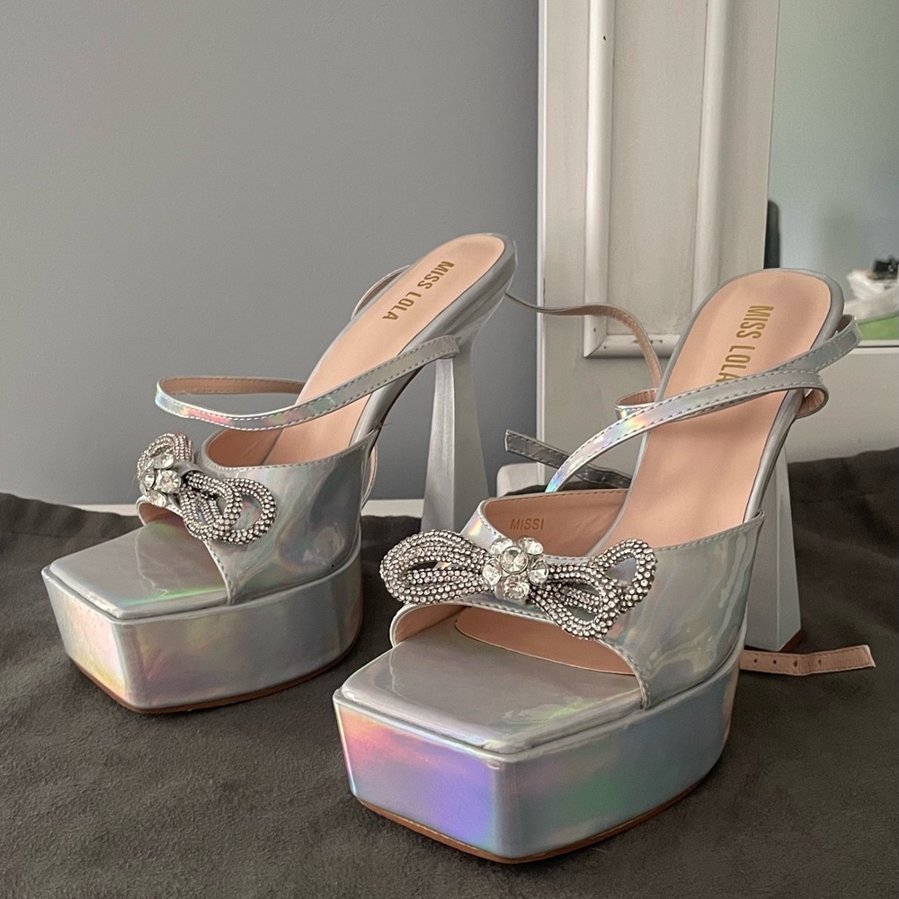 Brand New Miss Lola Diamond Silver Platform Wraparound Ankle Shoes